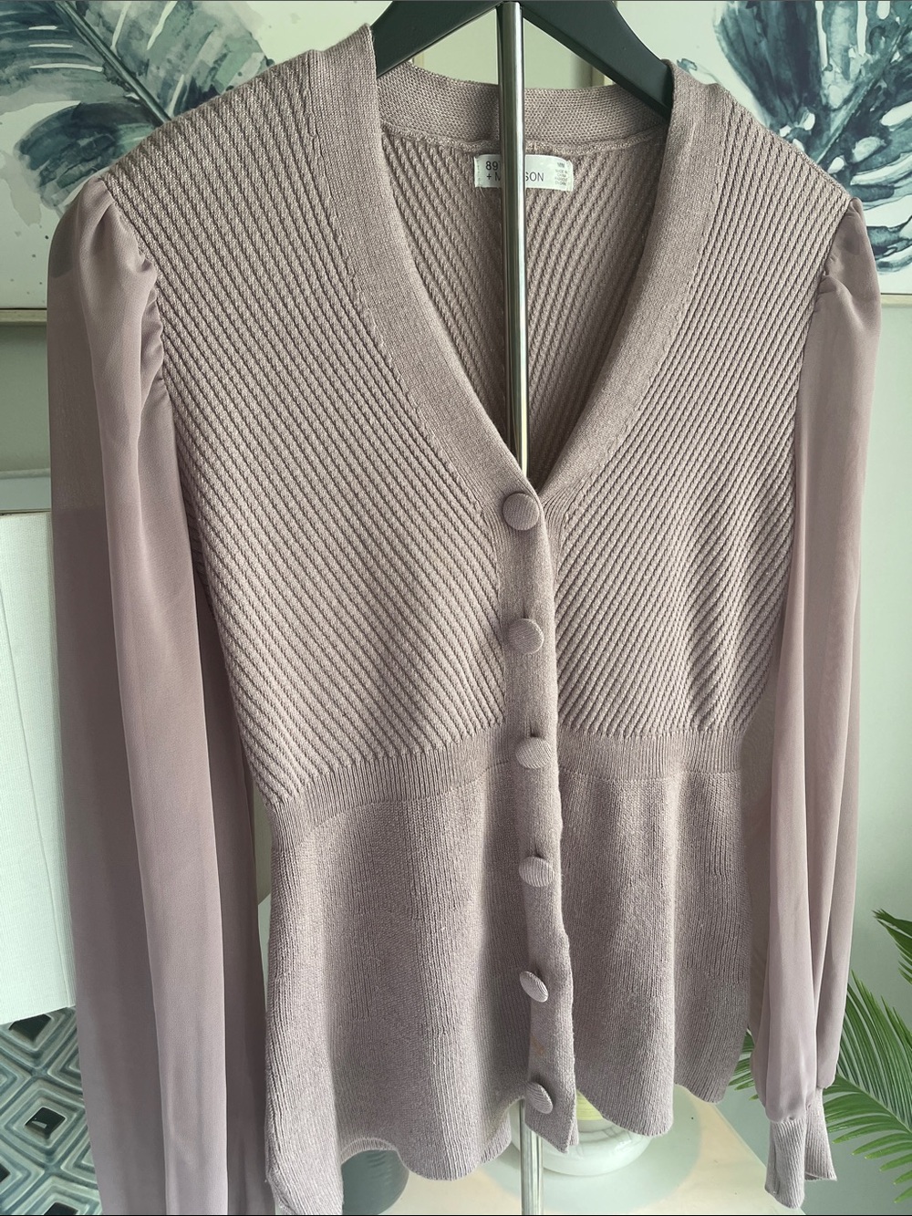 Unknown Brand Dusty Pink Knit Cardigan with Sheer Long Sleeves